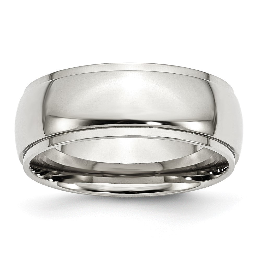 8mm Stainless Steel Polished Domed Ridged Edge Comfort Fit Band, Item R12082 by The Black Bow Jewelry Co.