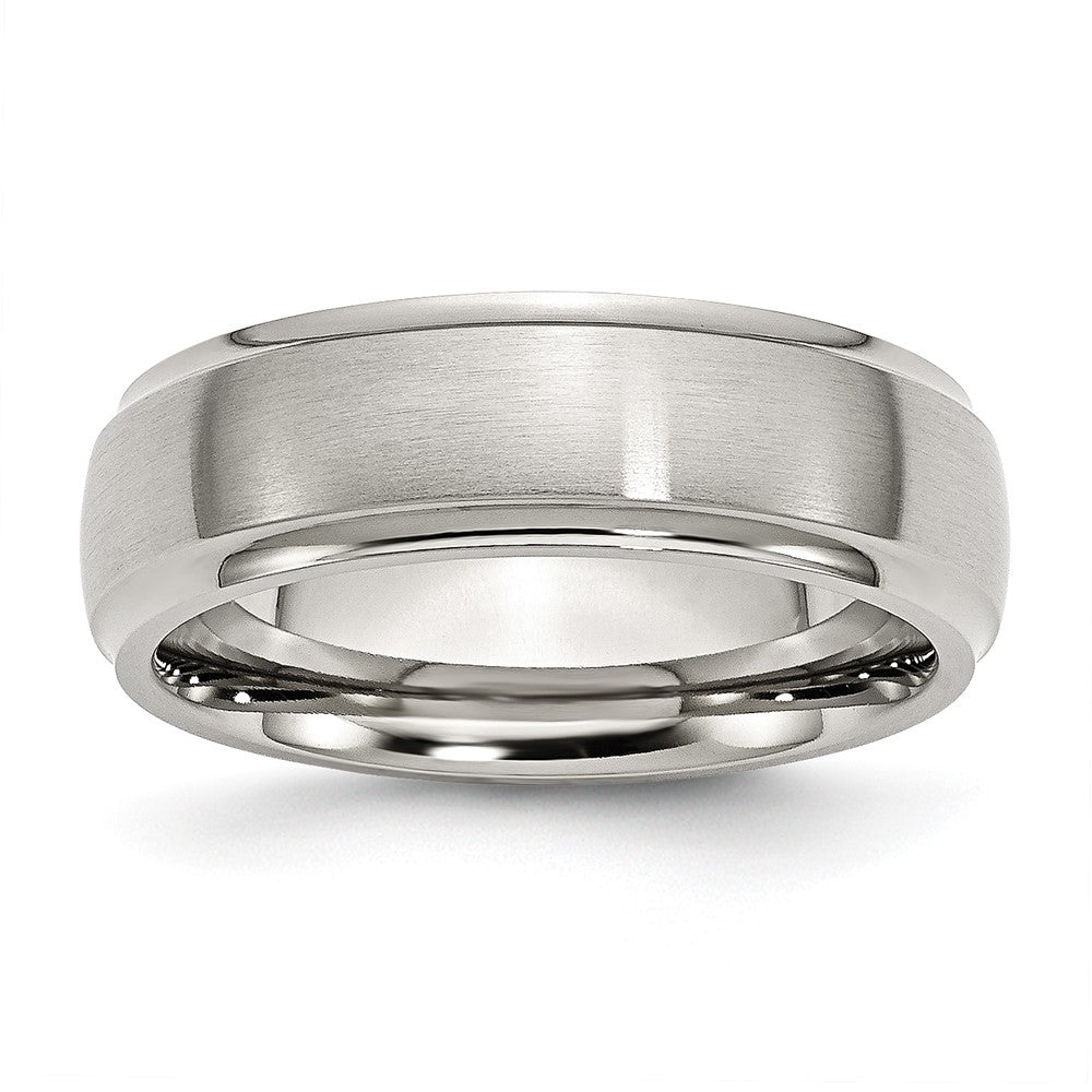 7mm Stainless Steel Brushed Domed Polished Ridged Edge Band, Item R12084 by The Black Bow Jewelry Co.