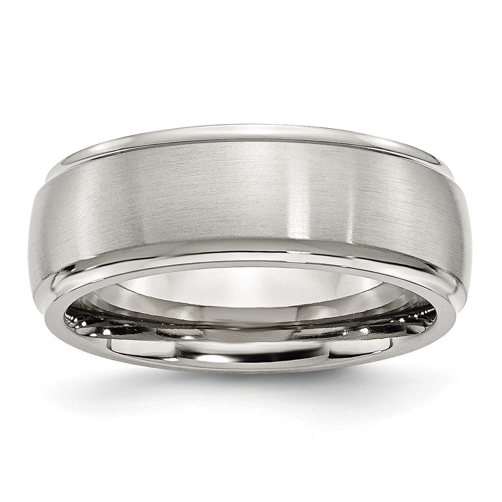 8mm Stainless Steel Brushed Domed Polished Ridged Edge Band, Item R12085 by The Black Bow Jewelry Co.