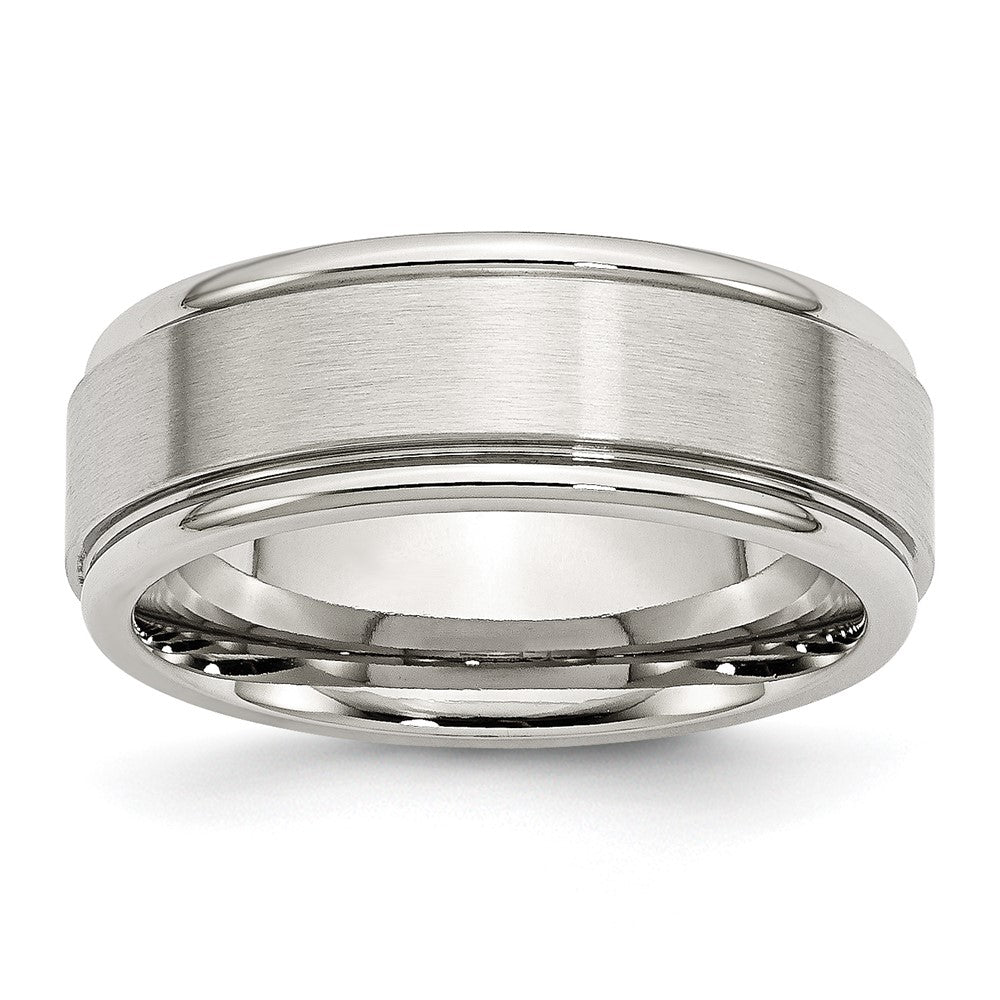8mm Stainless Steel Brushed Flat Center Polished Grooved Edge Band, Item R12086 by The Black Bow Jewelry Co.