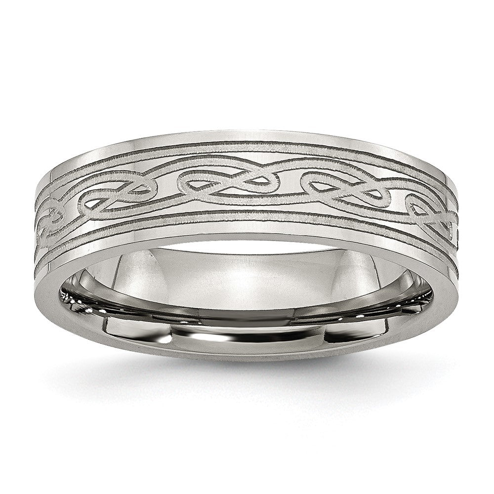 6mm Stainless Steel Etched Scroll Design Flat Standard Fit Band, Item R12088 by The Black Bow Jewelry Co.