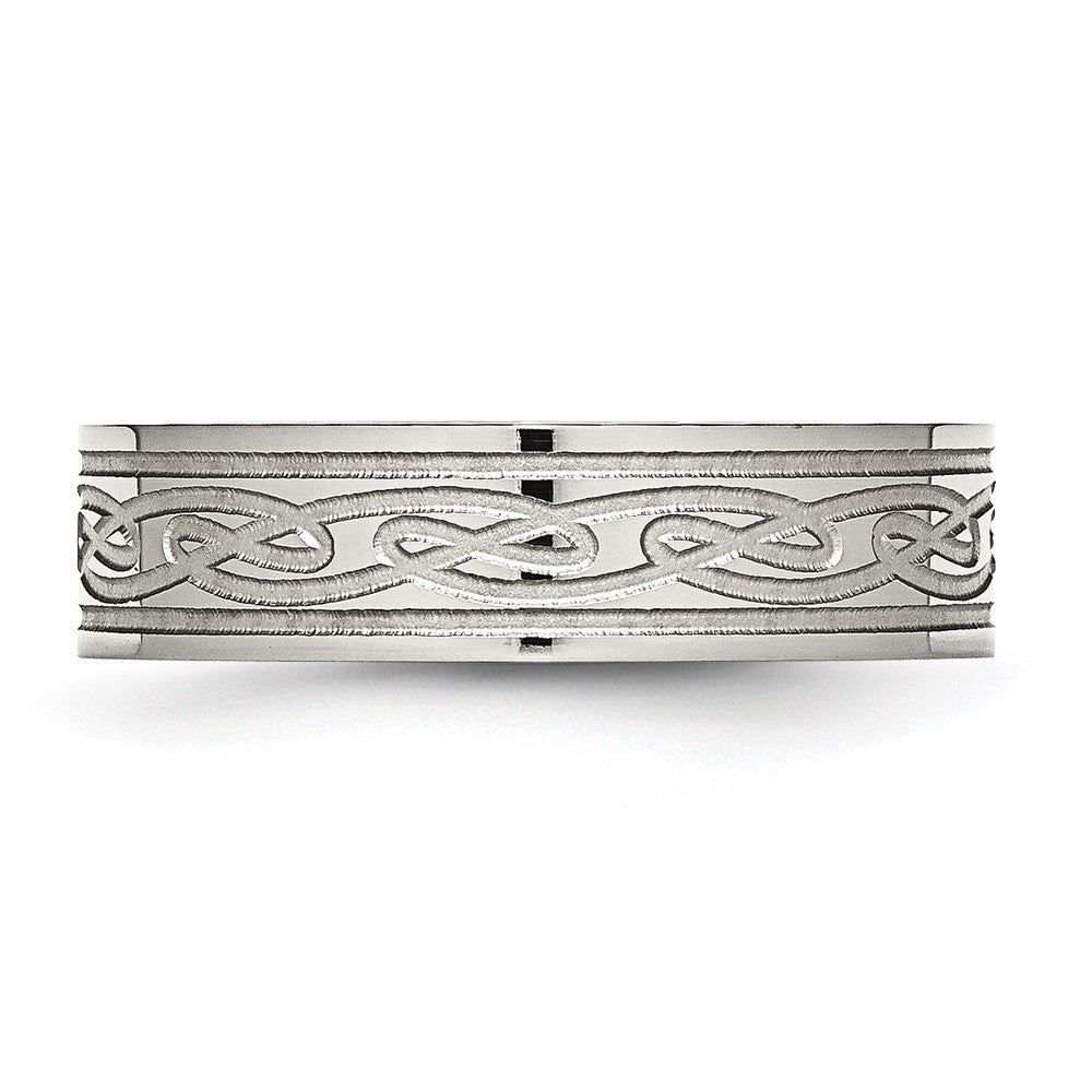 Alternate view of the 6mm Stainless Steel Etched Scroll Design Flat Standard Fit Band by The Black Bow Jewelry Co.