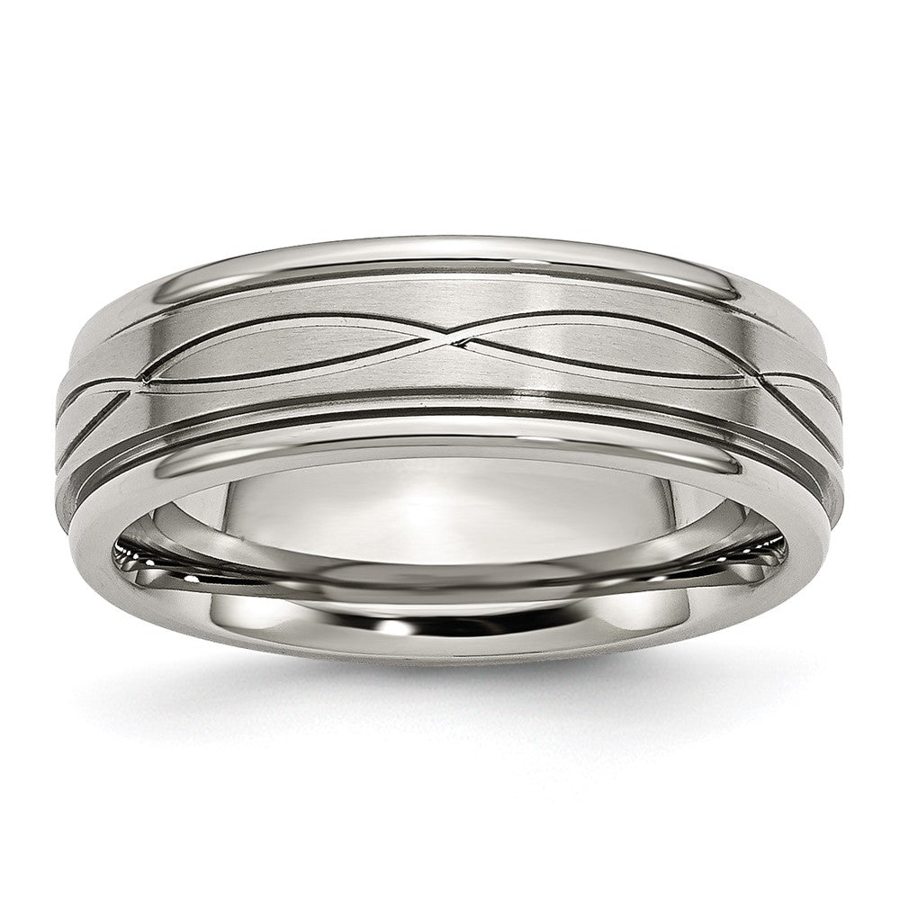 7mm Stainless Steel Crisscross Design Grooved Edge Standard Fit Band, Item R12089 by The Black Bow Jewelry Co.