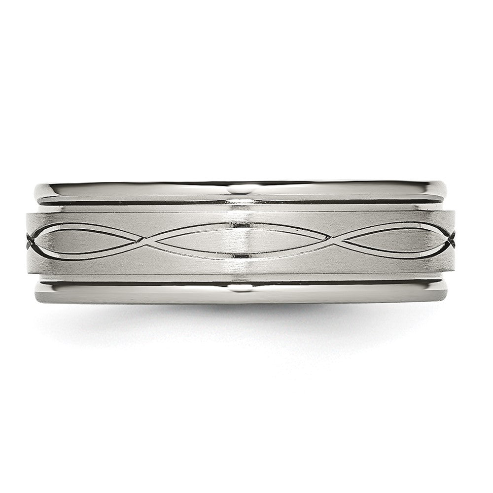 Alternate view of the 7mm Stainless Steel Crisscross Design Grooved Edge Standard Fit Band by The Black Bow Jewelry Co.