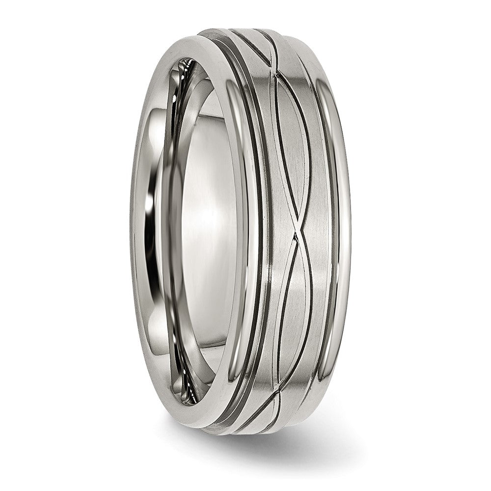 Alternate view of the 7mm Stainless Steel Crisscross Design Grooved Edge Standard Fit Band by The Black Bow Jewelry Co.