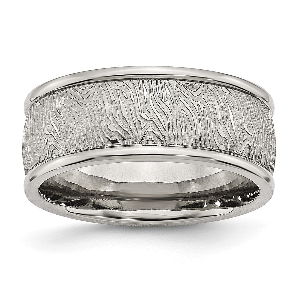 Men&#39;s 9mm Stainless Steel Polished and Textured Rounded Edge Band, Item R12090 by The Black Bow Jewelry Co.