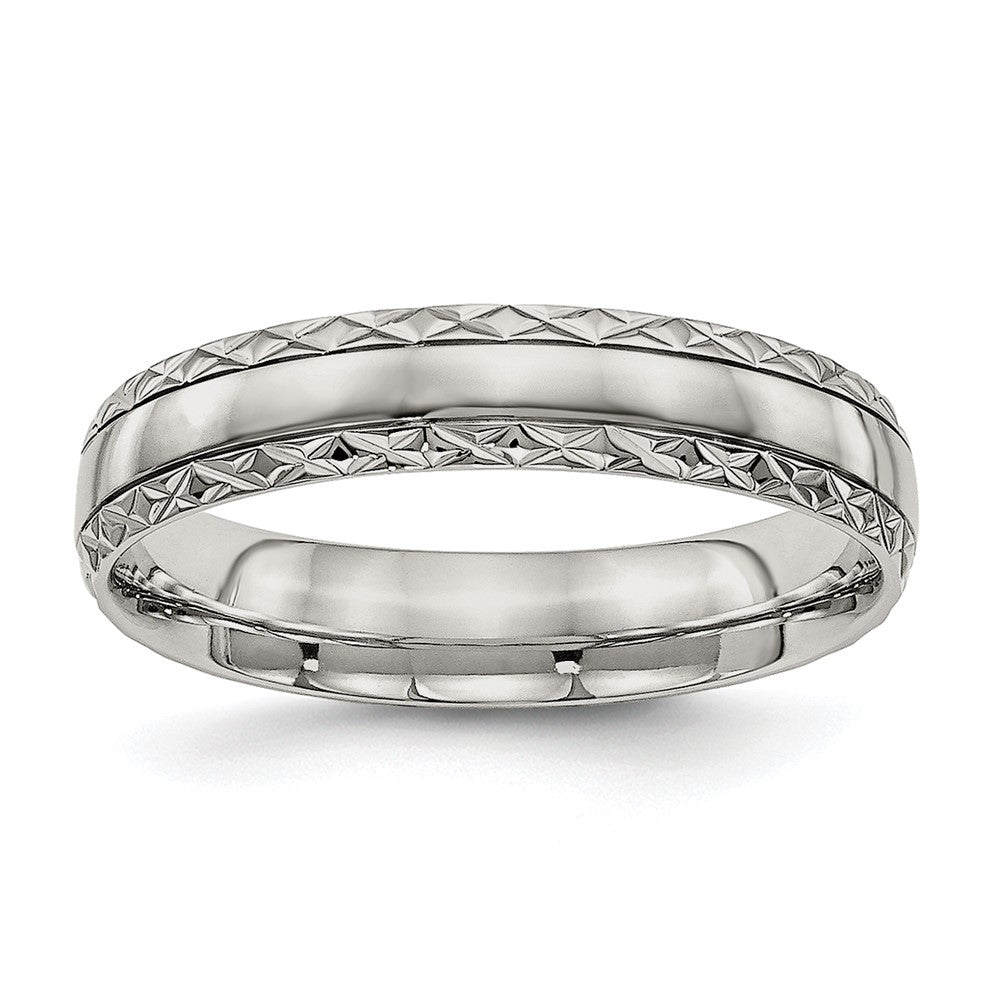 5mm Stainless Steel Grooved Crisscross Edge Standard Fit Band, Item R12091 by The Black Bow Jewelry Co.