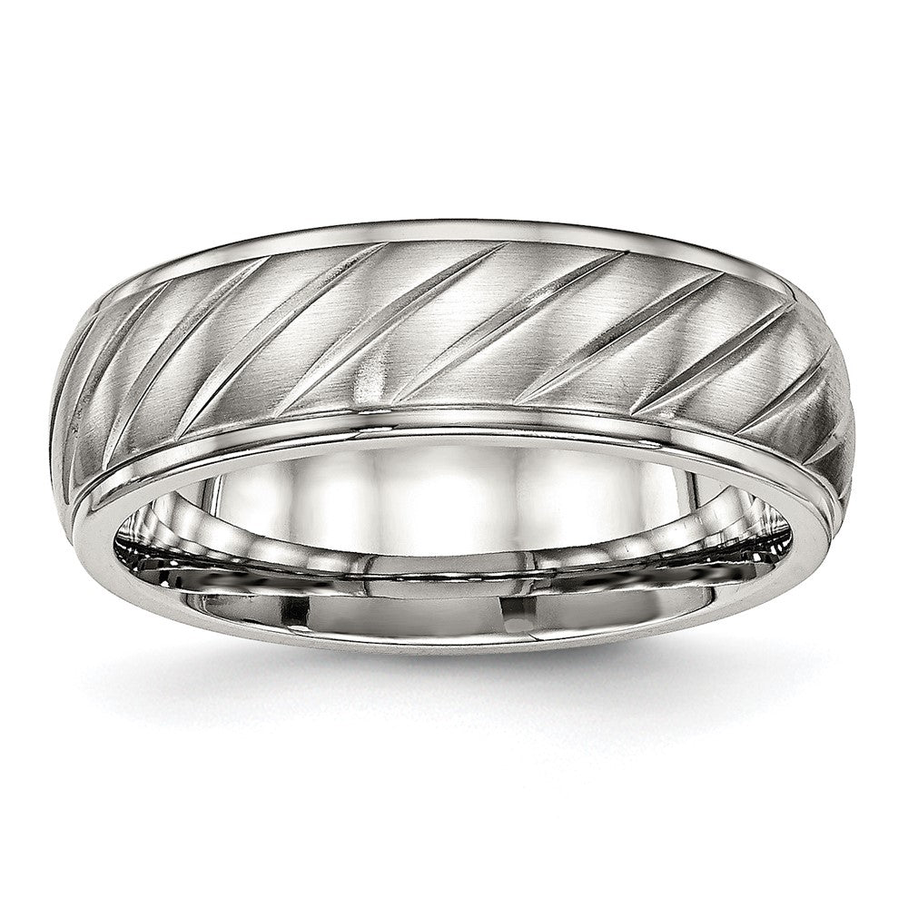 7mm Stainless Steel Brushed Diagonal Grooved Ridged Edge Band, Item R12092 by The Black Bow Jewelry Co.