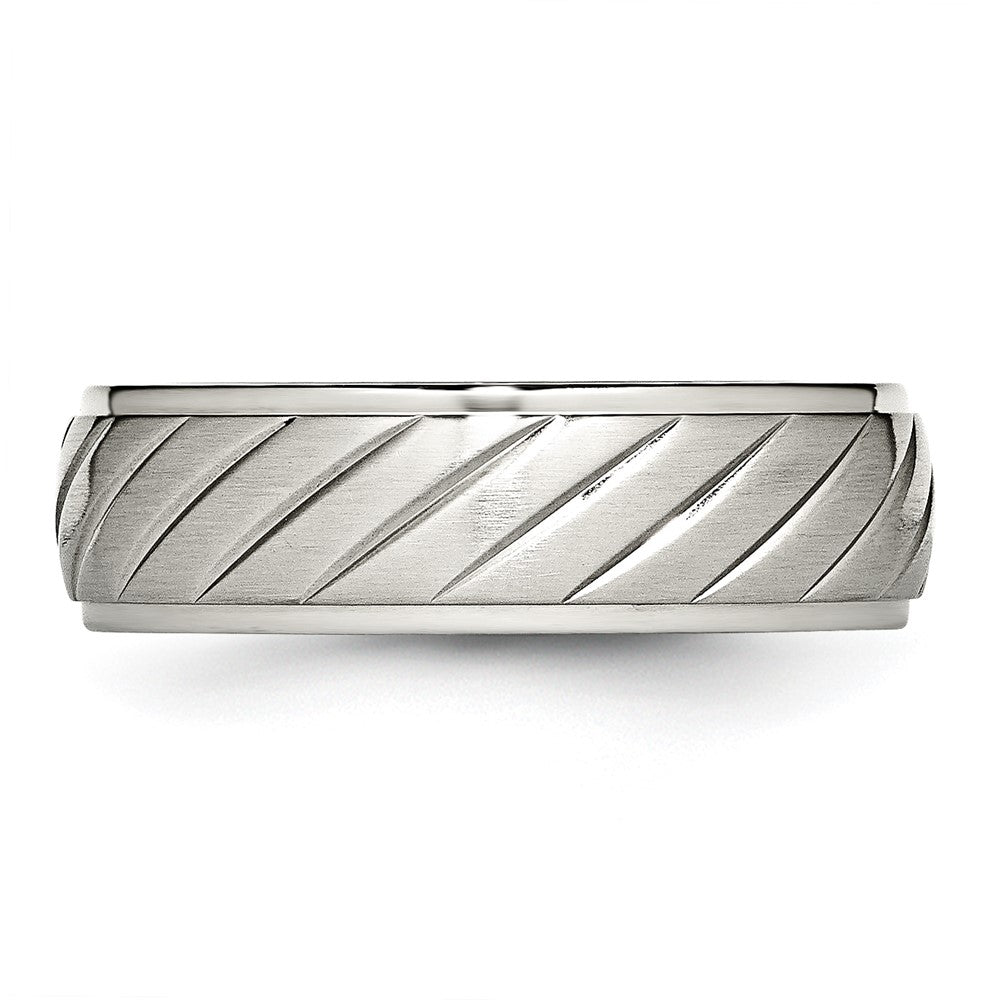 Alternate view of the 7mm Stainless Steel Brushed Diagonal Grooved Ridged Edge Band by The Black Bow Jewelry Co.