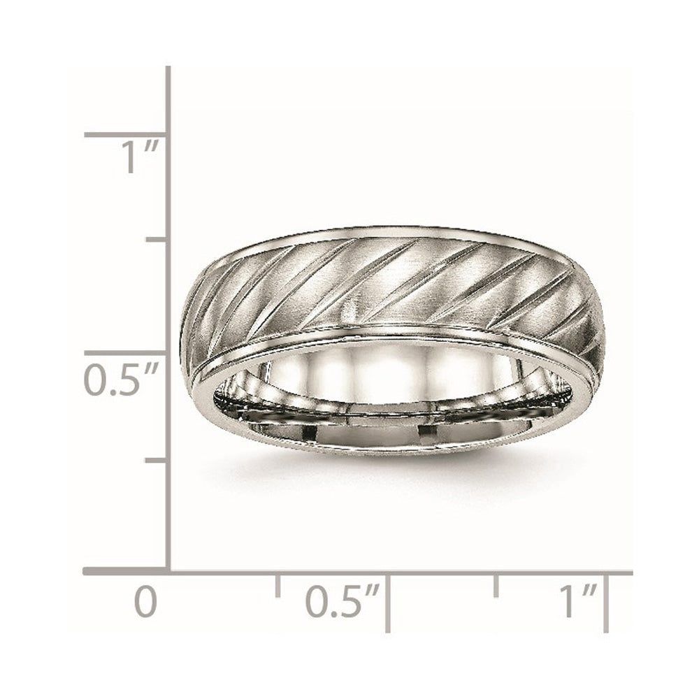 Alternate view of the 7mm Stainless Steel Brushed Diagonal Grooved Ridged Edge Band by The Black Bow Jewelry Co.