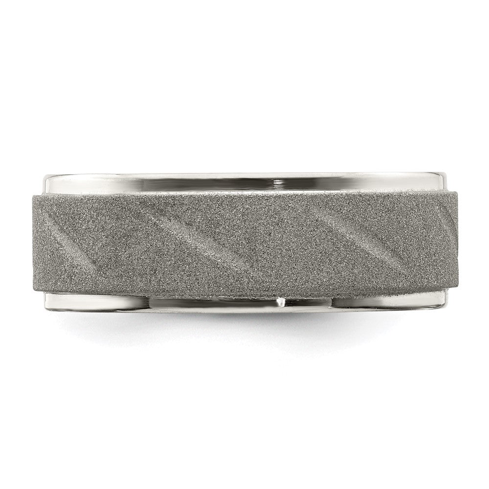 Alternate view of the Men's 8mm Stainless Steel Stone Finish Diagonal Grooved Ridged Band by The Black Bow Jewelry Co.