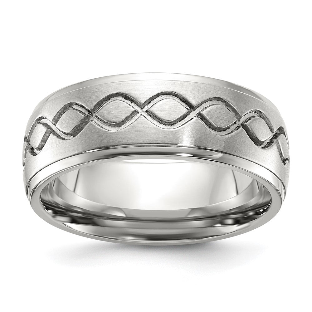 Men&#39;s 8mm Stainless Steel Brushed Scroll Design Ridged Edge Band, Item R12098 by The Black Bow Jewelry Co.