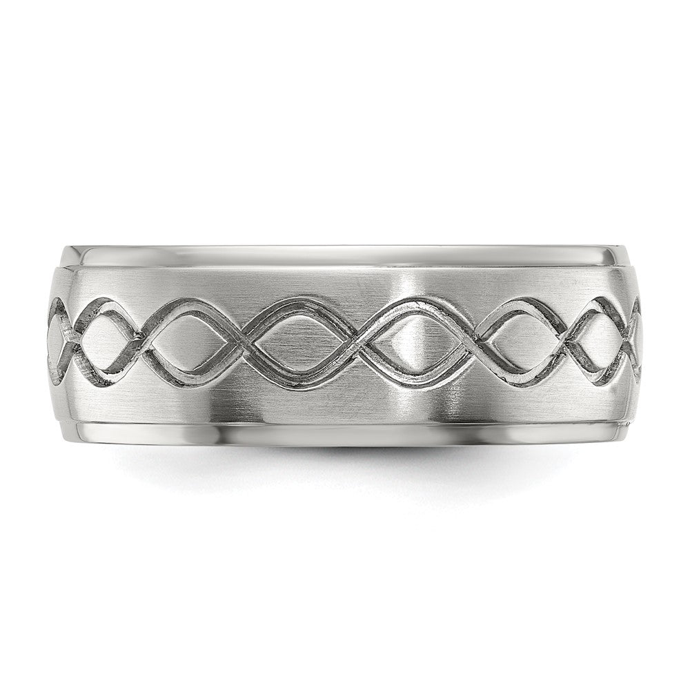 Alternate view of the Men&#39;s 8mm Stainless Steel Brushed Scroll Design Ridged Edge Band by The Black Bow Jewelry Co.