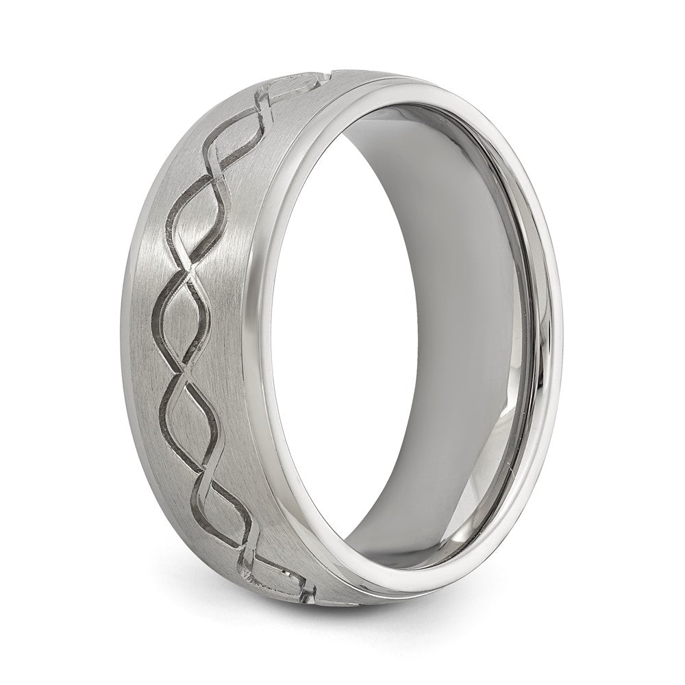 Alternate view of the Men&#39;s 8mm Stainless Steel Brushed Scroll Design Ridged Edge Band by The Black Bow Jewelry Co.