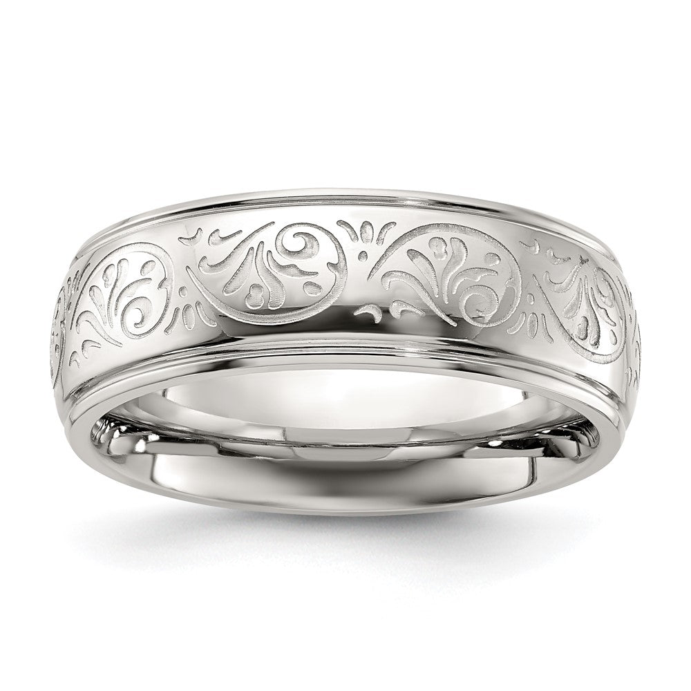 7.5mm Stainless Steel Etched Ornate Design Ridged Comfort Fit Band, Item R12099 by The Black Bow Jewelry Co.