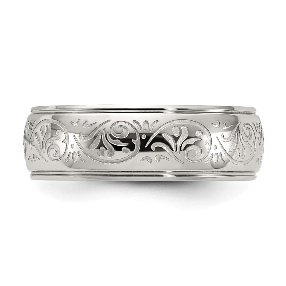Alternate view of the 7.5mm Stainless Steel Etched Ornate Design Ridged Comfort Fit Band by The Black Bow Jewelry Co.