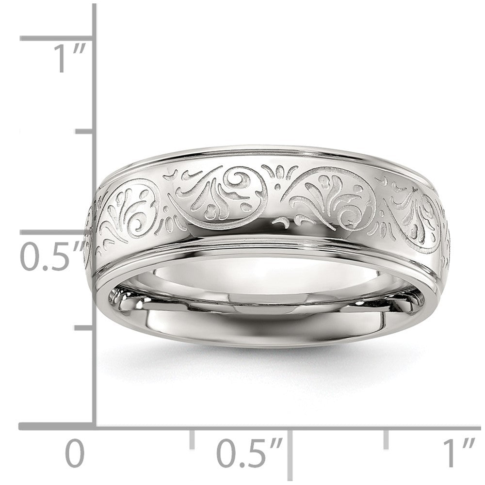 Alternate view of the 7.5mm Stainless Steel Etched Ornate Design Ridged Comfort Fit Band by The Black Bow Jewelry Co.