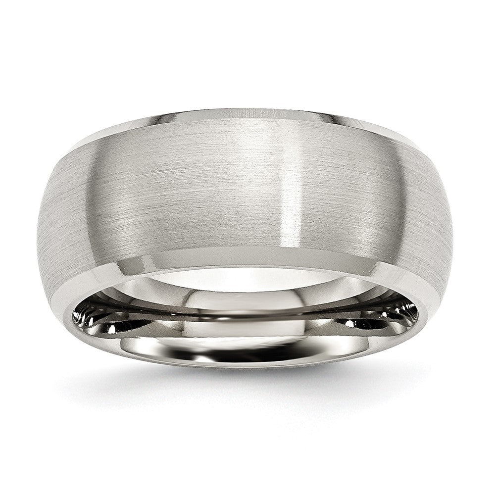Men&#39;s 10mm Stainless Steel Brushed Domed Polished Beveled Edge Band, Item R12100 by The Black Bow Jewelry Co.
