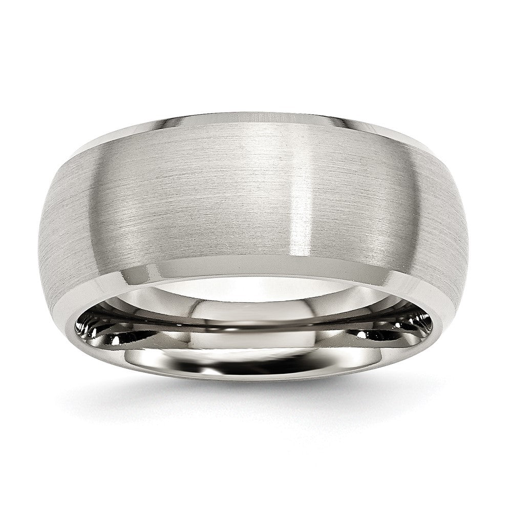 Men's 10mm Stainless Steel Brushed Domed Polished Beveled Edge Band, Item R12100 by The Black Bow Jewelry Co.