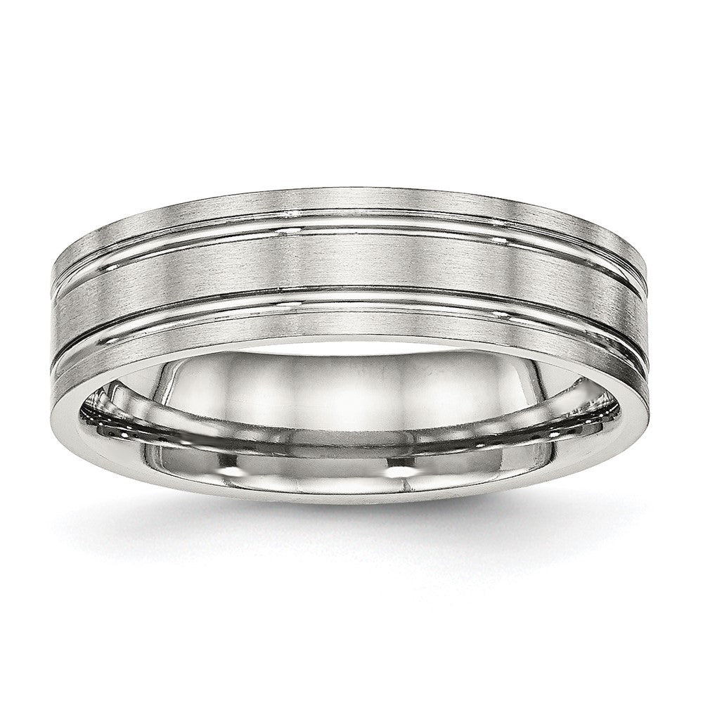 6mm Stainless Steel Brushed & Polished Grooved Flat Standard Fit Band, Item R12101 by The Black Bow Jewelry Co.