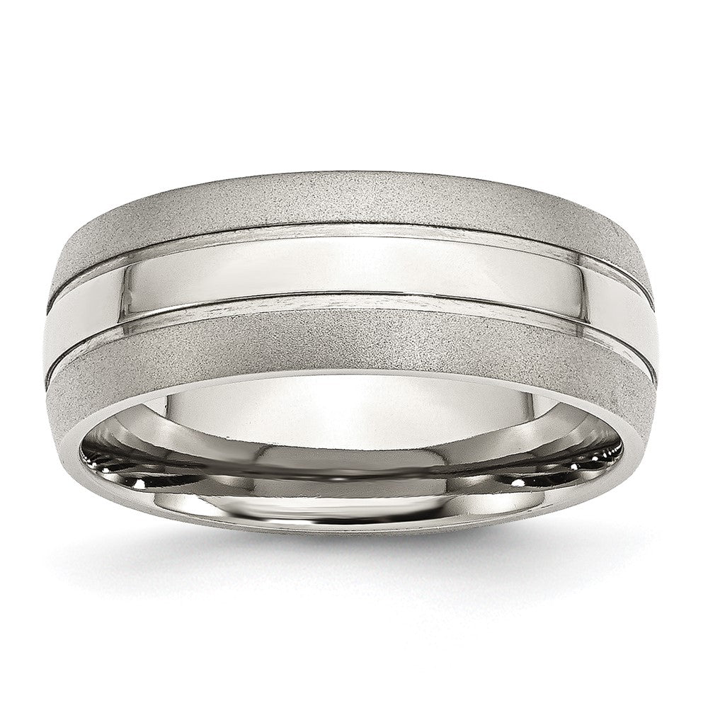 Men's 8mm Stainless Steel Grooved Brushed Edge Standard Fit Band, Item R12104 by The Black Bow Jewelry Co.