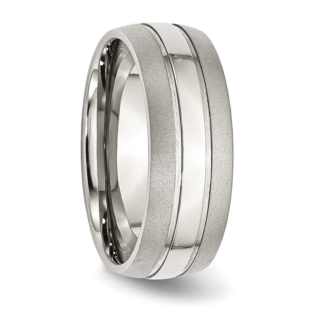 Alternate view of the Men's 8mm Stainless Steel Grooved Brushed Edge Standard Fit Band by The Black Bow Jewelry Co.