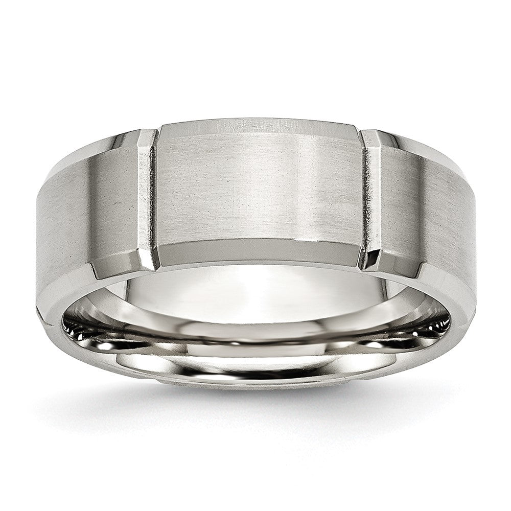 Men's 8mm Stainless Steel Grooved & Beveled Edge Standard Fit Band, Item R12105 by The Black Bow Jewelry Co.