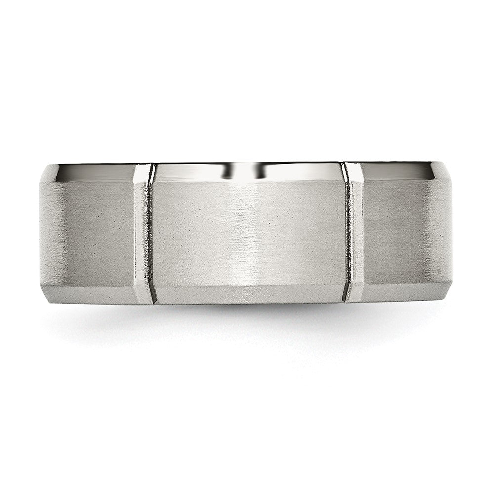 Alternate view of the Men's 8mm Stainless Steel Grooved & Beveled Edge Standard Fit Band by The Black Bow Jewelry Co.