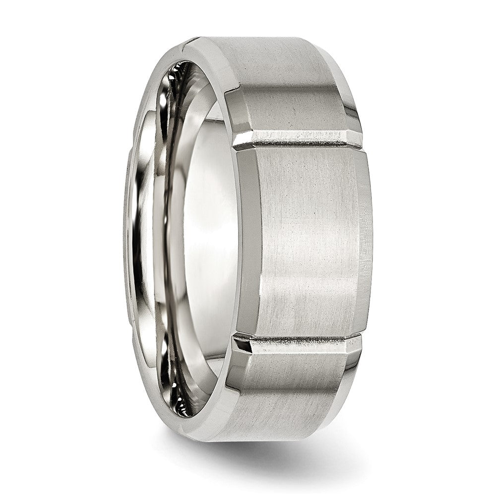 Alternate view of the Men's 8mm Stainless Steel Grooved & Beveled Edge Standard Fit Band by The Black Bow Jewelry Co.