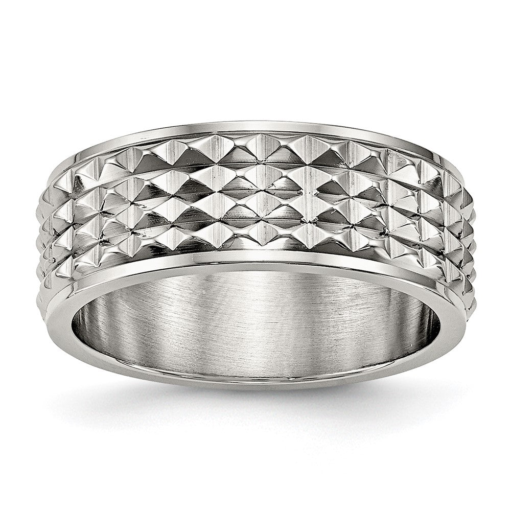 8mm Stainless Steel Polished Studded Ridge Edge Standard Fit Band, Item R12106 by The Black Bow Jewelry Co.