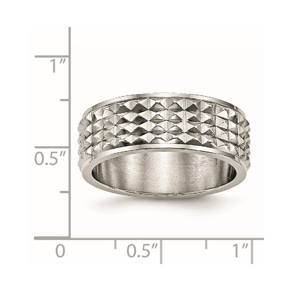 Alternate view of the 8mm Stainless Steel Polished Studded Ridge Edge Standard Fit Band by The Black Bow Jewelry Co.