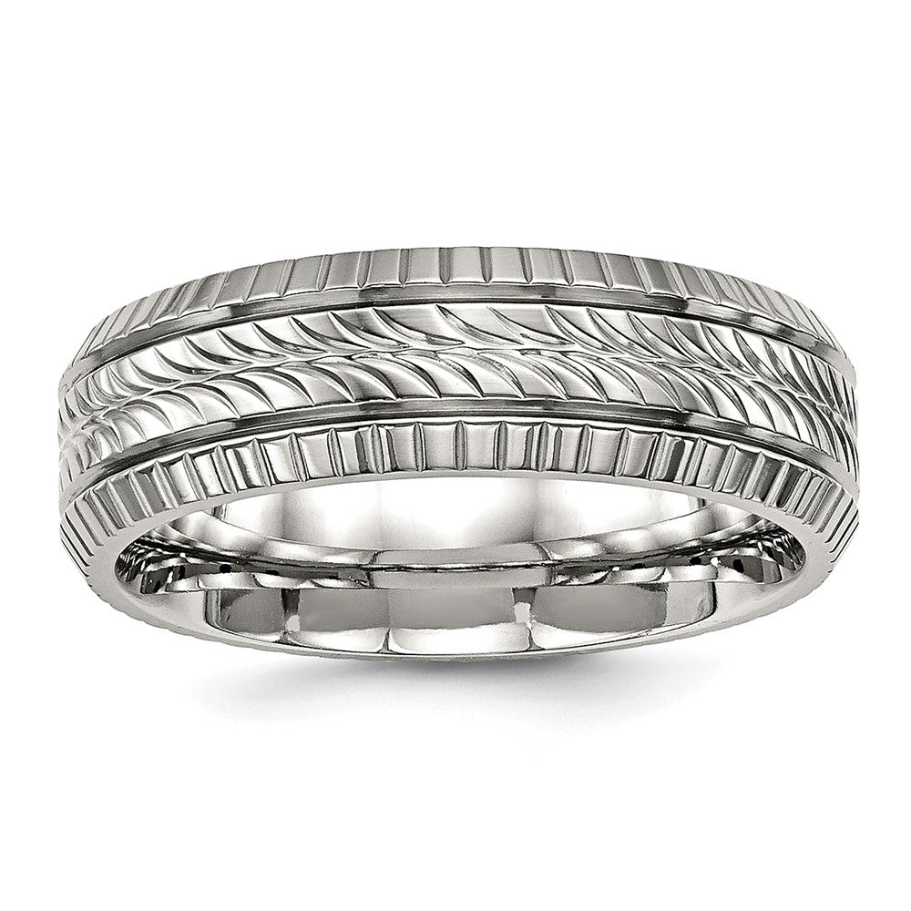 7mm Stainless Steel Polished Fancy Grooved Standard Fit Band, Item R12107 by The Black Bow Jewelry Co.