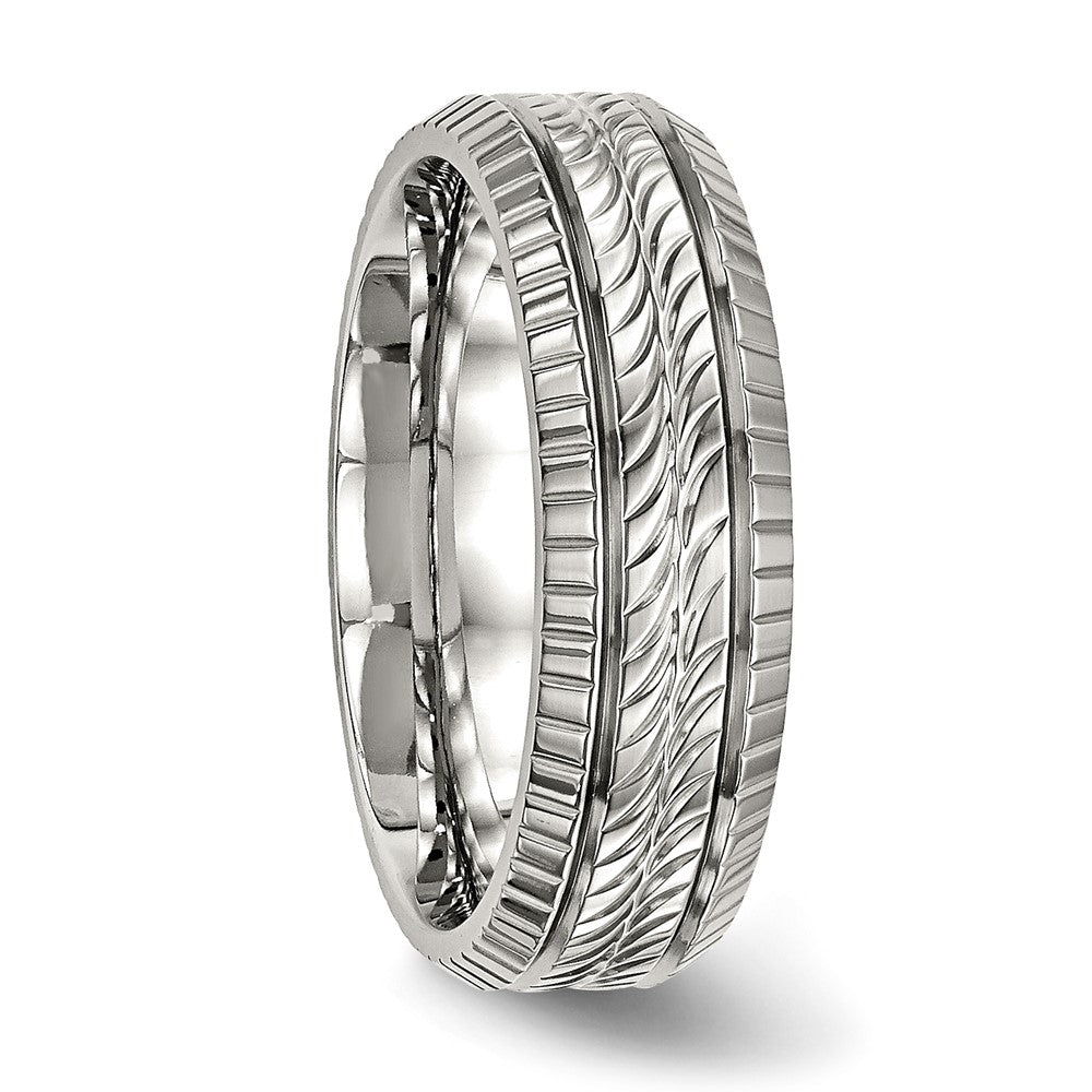 Alternate view of the 7mm Stainless Steel Polished Fancy Grooved Standard Fit Band by The Black Bow Jewelry Co.