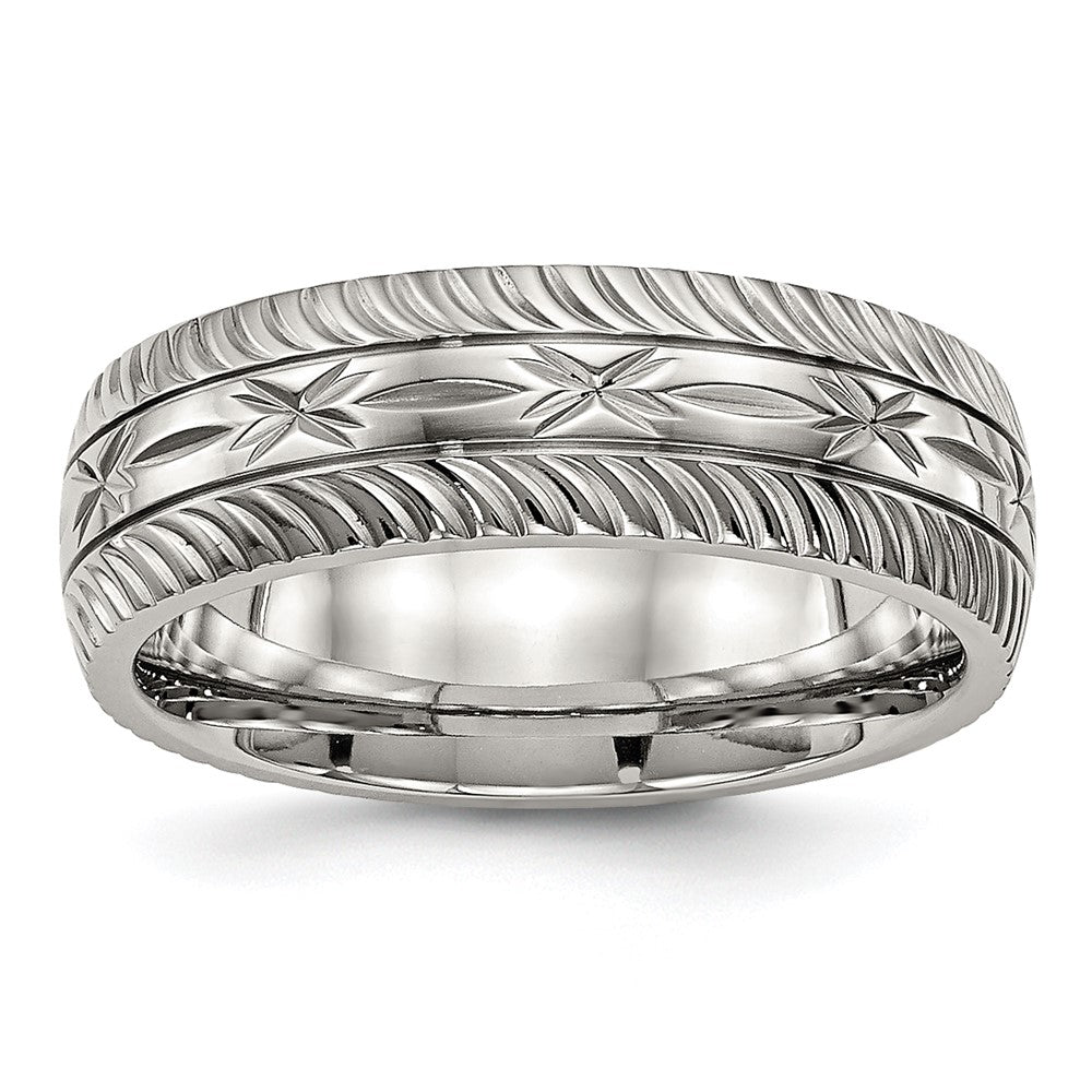 7mm Stainless Steel Diamond Cut Carved Standard Fit Band, Item R12108 by The Black Bow Jewelry Co.