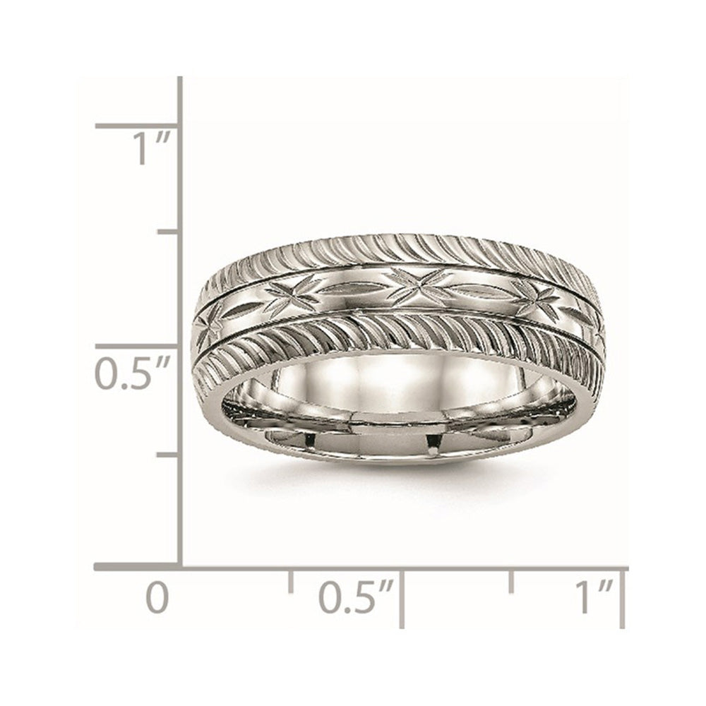 Alternate view of the 7mm Stainless Steel Diamond Cut Carved Standard Fit Band by The Black Bow Jewelry Co.