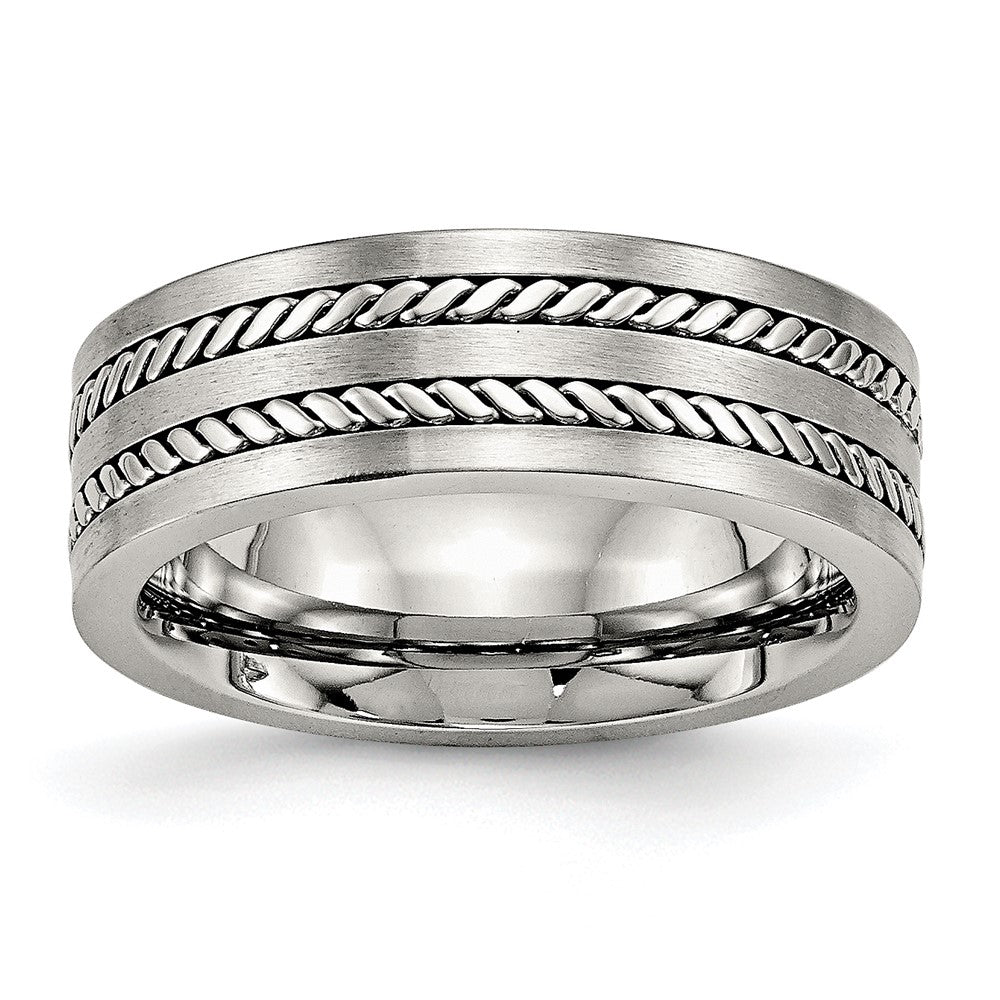 7mm Stainless Steel Brushed & Polished Twisted Inlay Flat Band, Item R12111 by The Black Bow Jewelry Co.