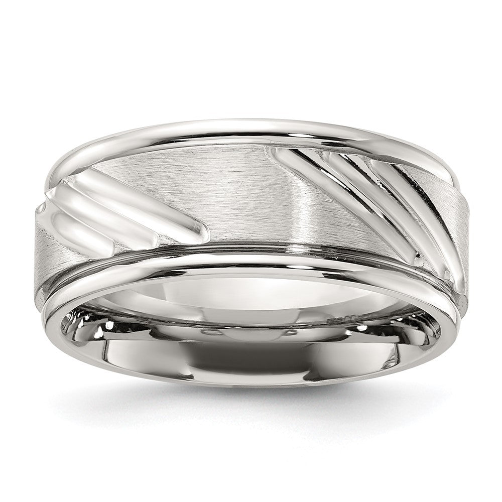 Men&#39;s 9mm Stainless Steel Brushed Center Grooved Comfort Fit Band, Item R12112 by The Black Bow Jewelry Co.