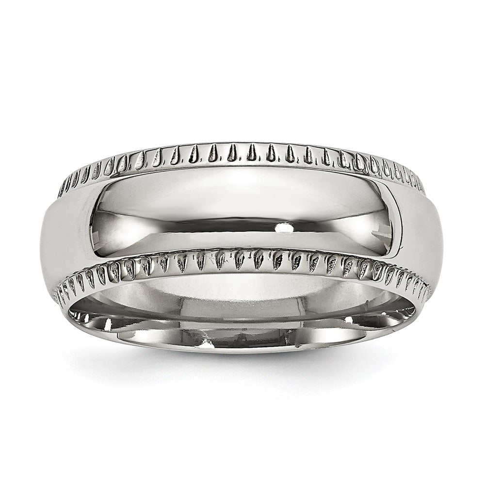 Men's 8mm Stainless Steel Domed Textured Edge Standard Fit Band, Item R12113 by The Black Bow Jewelry Co.