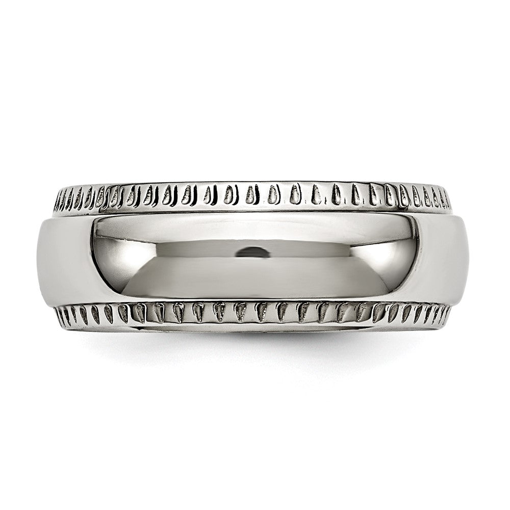 Alternate view of the Men's 8mm Stainless Steel Domed Textured Edge Standard Fit Band by The Black Bow Jewelry Co.