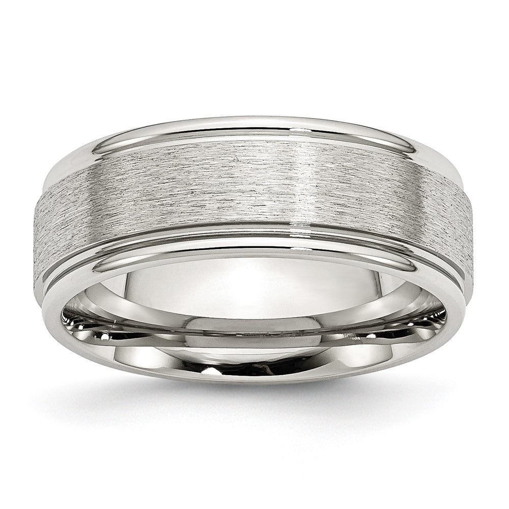 Men's 8mm Stainless Steel Brushed Center Grooved Edge Comfort Fit Band, Item R12117 by The Black Bow Jewelry Co.