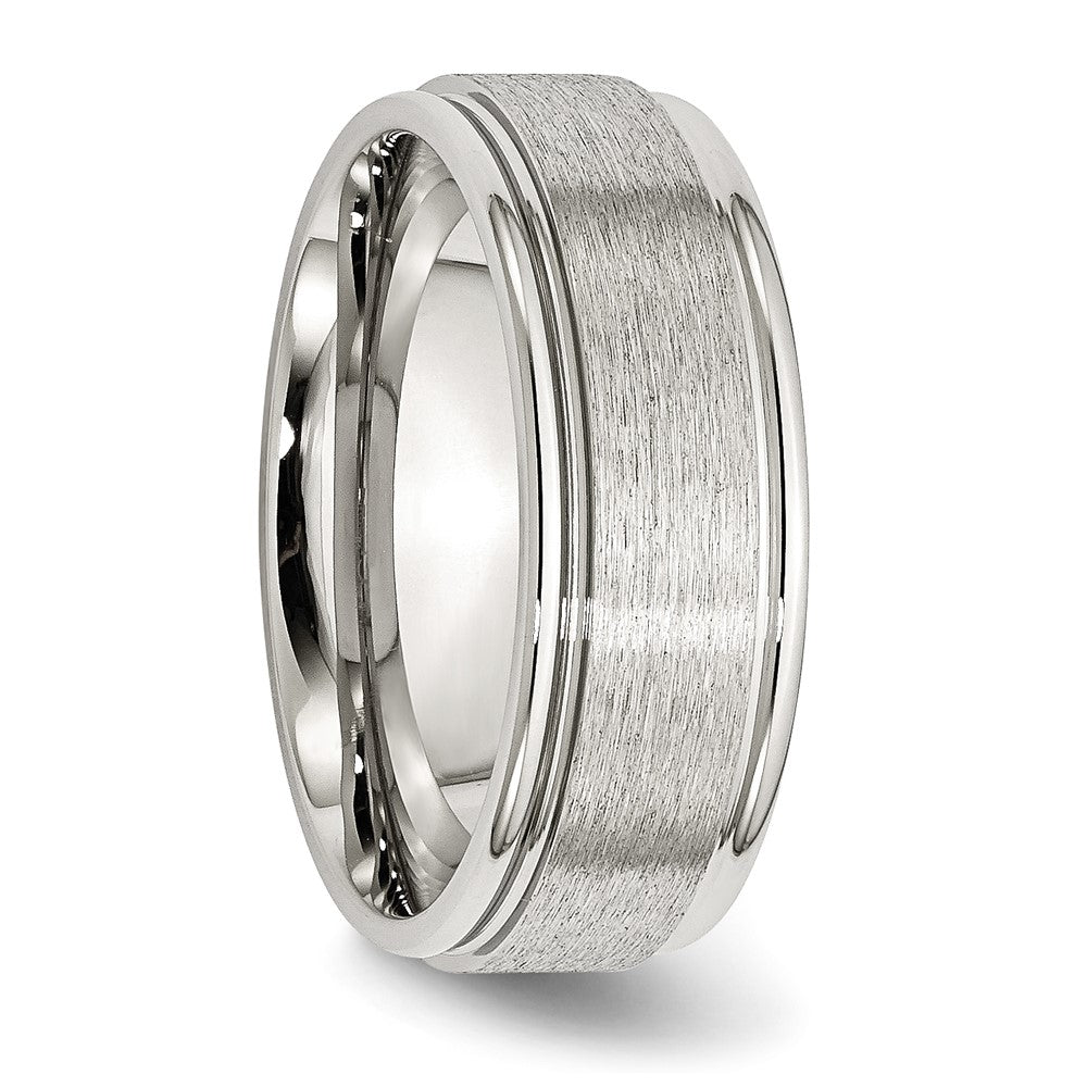 Alternate view of the Men's 8mm Stainless Steel Brushed Center Grooved Edge Comfort Fit Band by The Black Bow Jewelry Co.