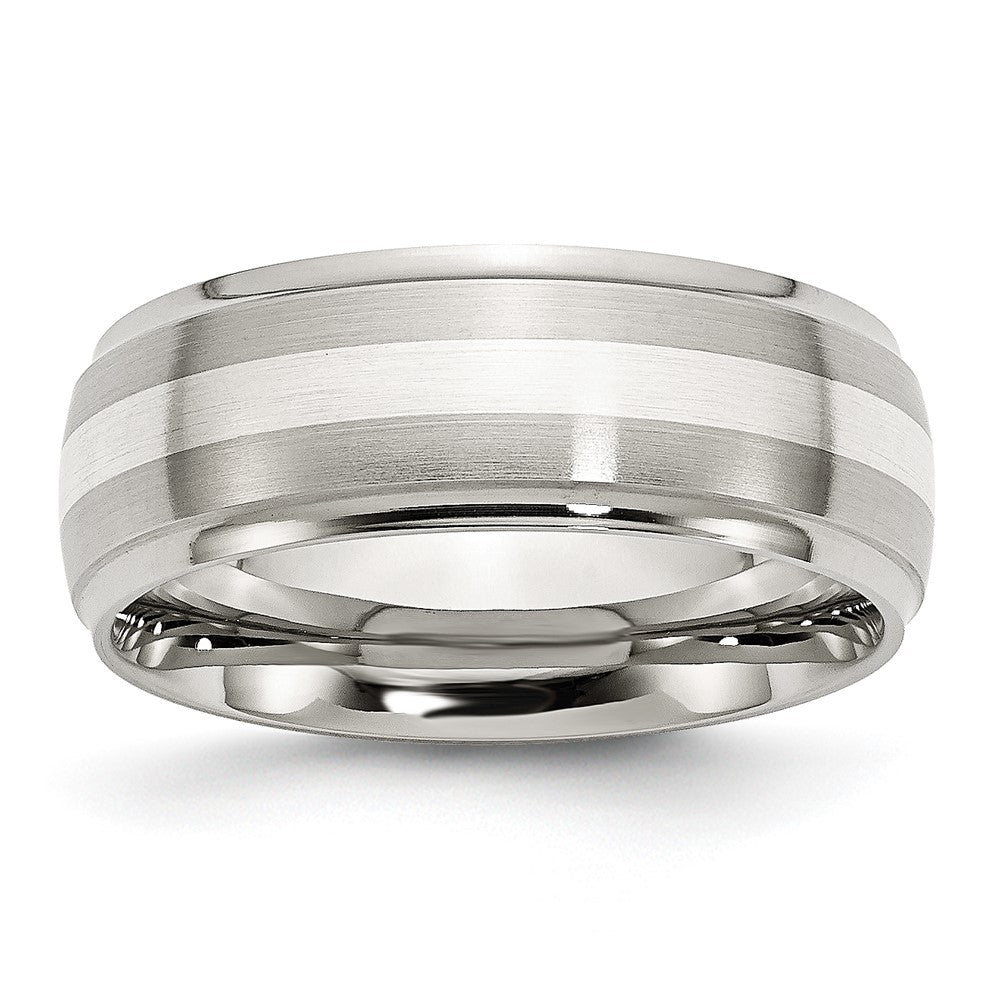 Mens 8mm Stainless Steel Sterling Silver Inlay Brushed Ridge Edge Band, Item R12120 by The Black Bow Jewelry Co.