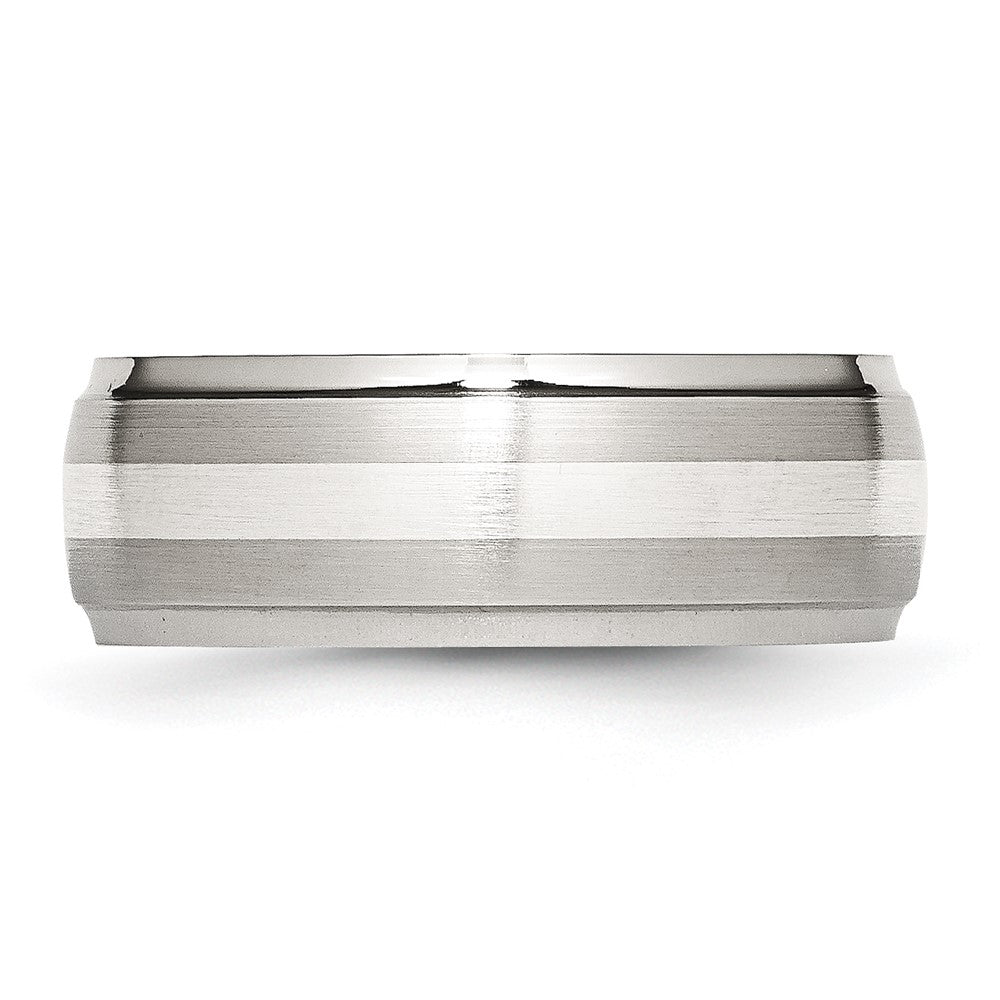 Alternate view of the Mens 8mm Stainless Steel Sterling Silver Inlay Brushed Ridge Edge Band by The Black Bow Jewelry Co.