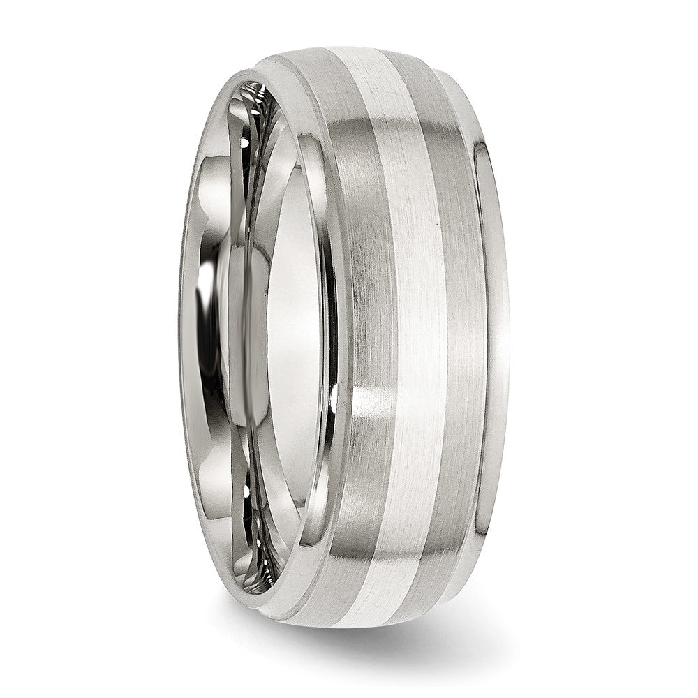 Alternate view of the Mens 8mm Stainless Steel Sterling Silver Inlay Brushed Ridge Edge Band by The Black Bow Jewelry Co.