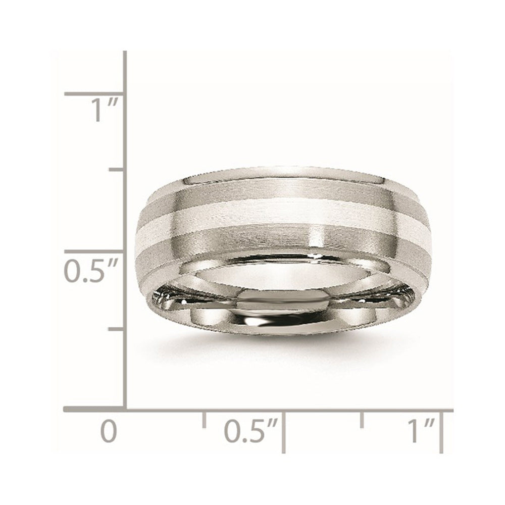Alternate view of the Mens 8mm Stainless Steel Sterling Silver Inlay Brushed Ridge Edge Band by The Black Bow Jewelry Co.