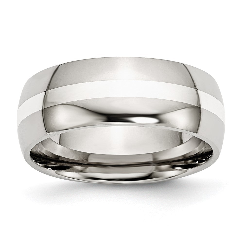 8mm Stainless Steel & Sterling Silver Inlay Domed Comfort Fit Band, Item R12121 by The Black Bow Jewelry Co.