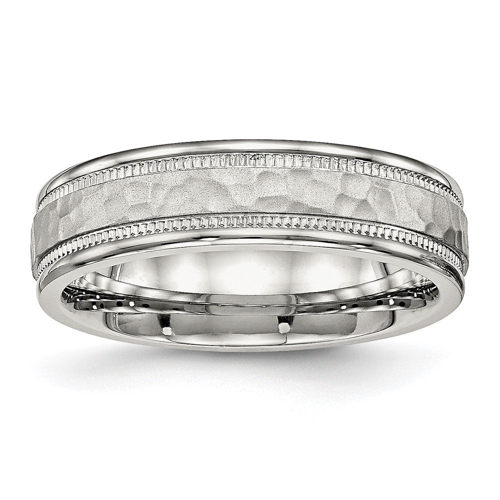6mm Stainless Steel Hammered & Grooved Edge Standard Fit Band, Item R12123 by The Black Bow Jewelry Co.