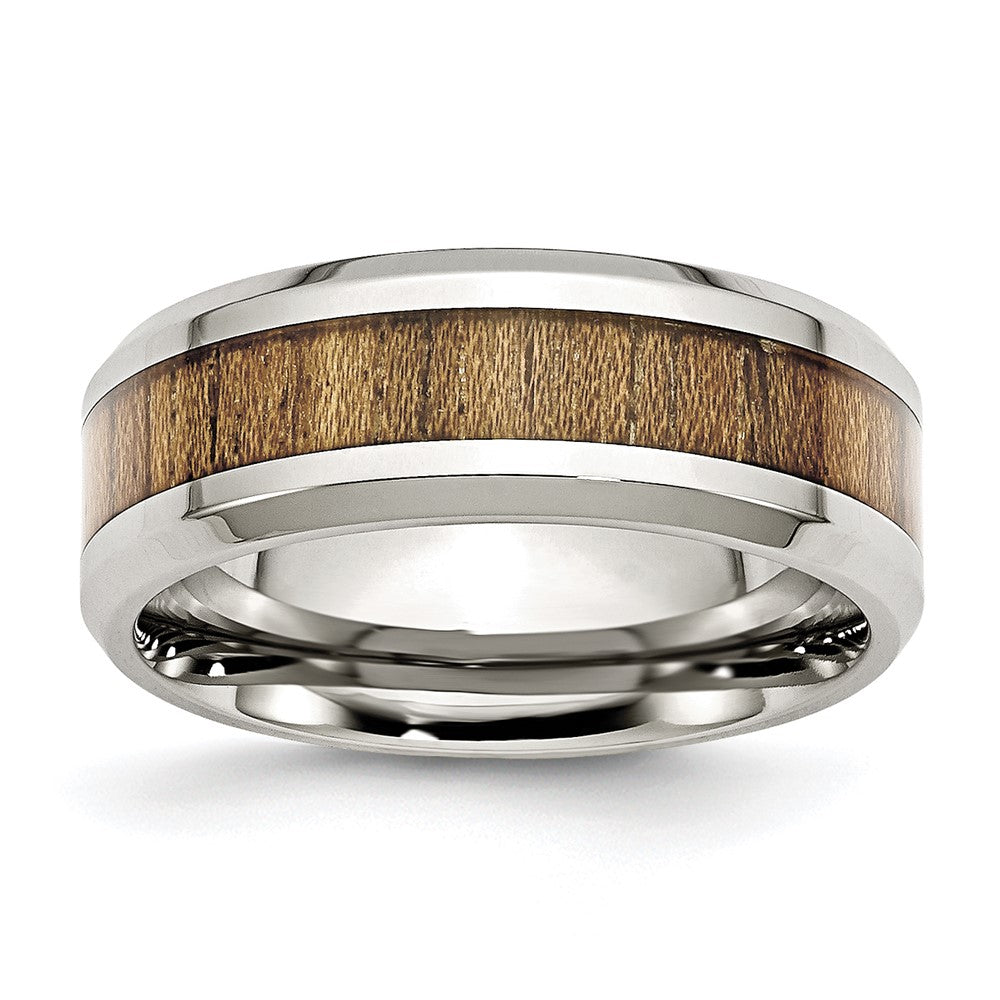 Men's 8mm Stainless Steel Koa Wood & Enamel Beveled Standard Fit Band, Item R12125 by The Black Bow Jewelry Co.