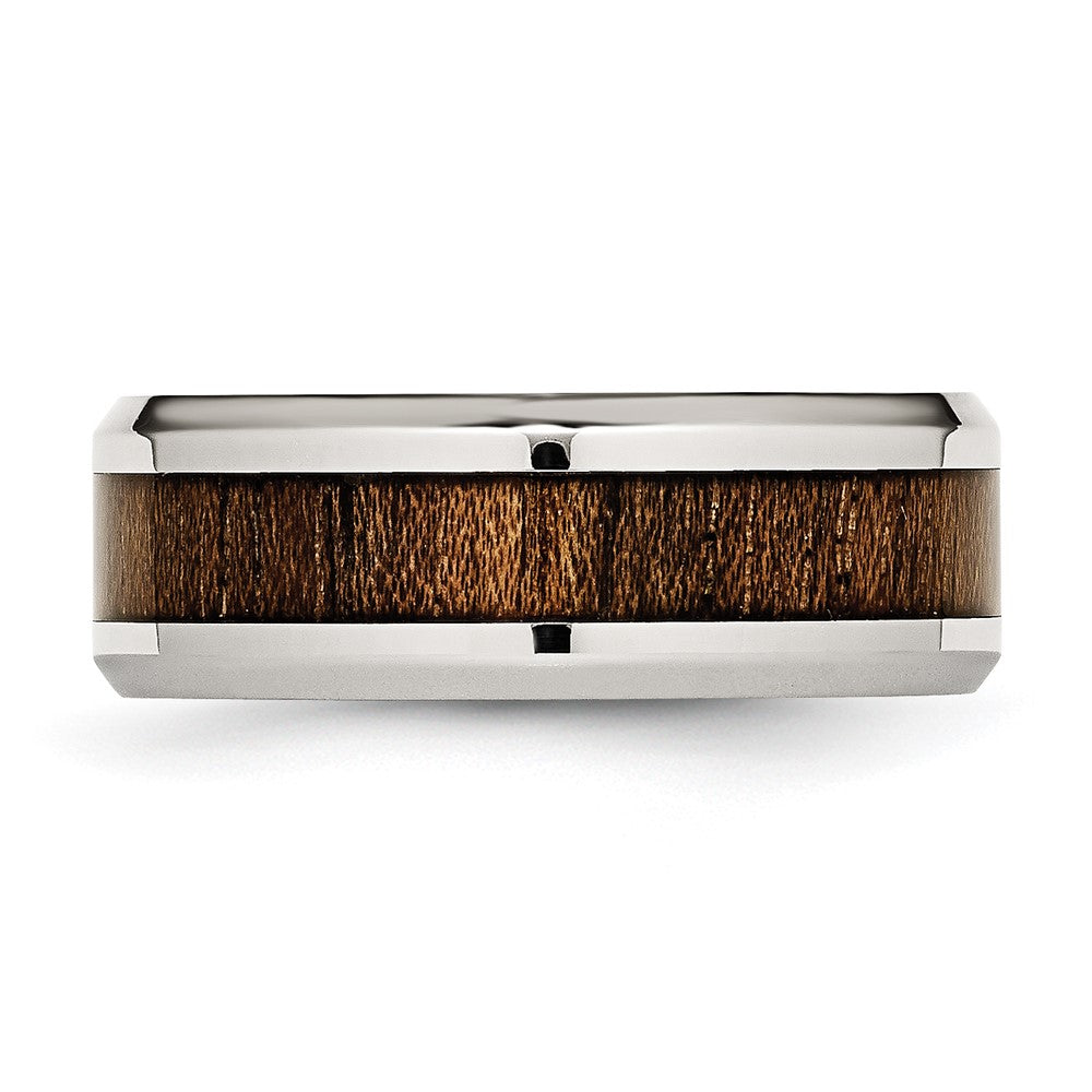 Alternate view of the Men's 8mm Stainless Steel Koa Wood & Enamel Beveled Standard Fit Band by The Black Bow Jewelry Co.