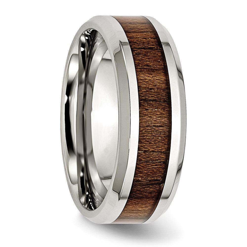 Alternate view of the Men's 8mm Stainless Steel Koa Wood & Enamel Beveled Standard Fit Band by The Black Bow Jewelry Co.